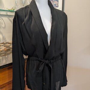 Effortless Chic: Black Flowy Tie-Front Cinched Waist Jacket/Wrap - Size Medium